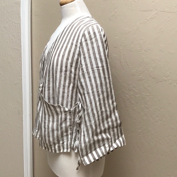 Linenfox Georgia Linen Wrap Tie Top in Cacao Stripe, XS - Picture 6 of 12